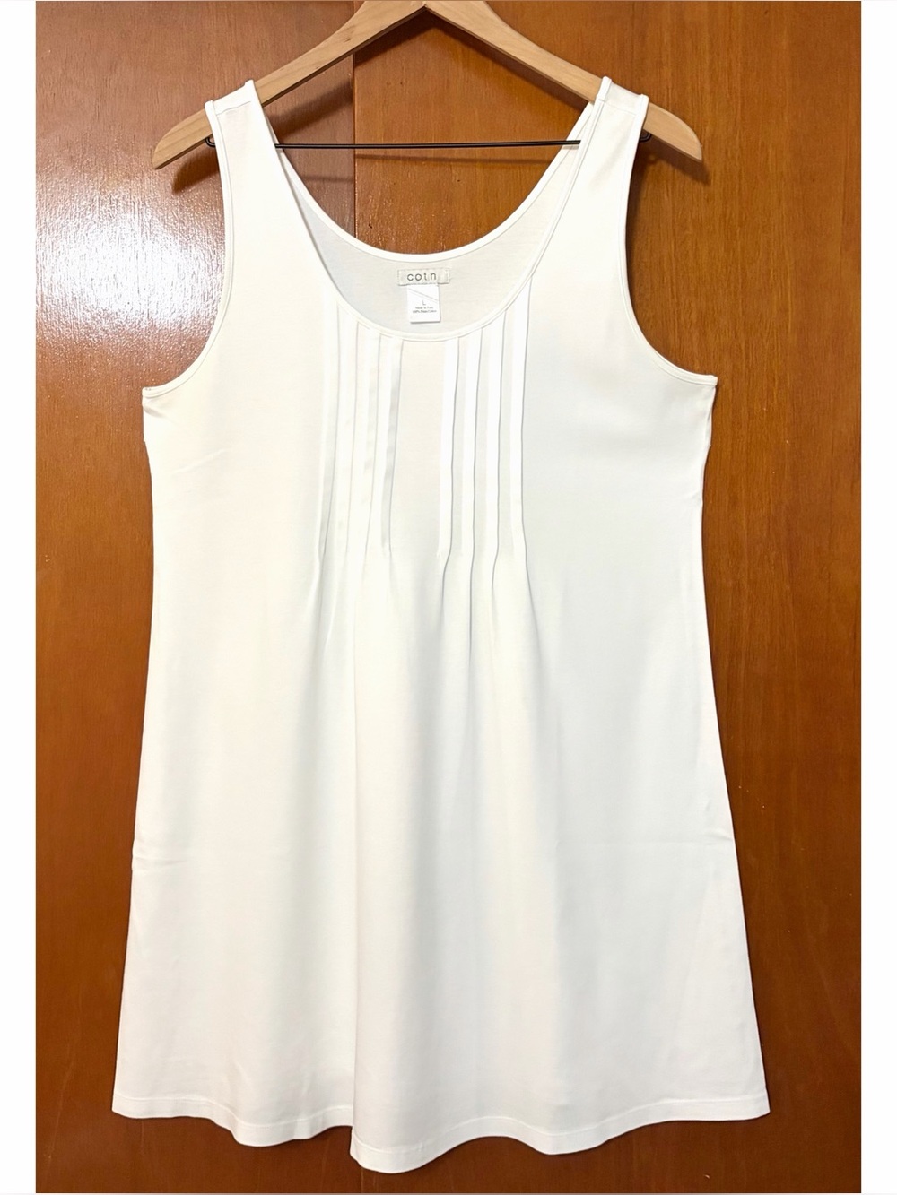COTN Classic Pleated Short Tank Night Gown White Pima Cotton